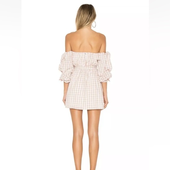 REVOLVE L’Academie The Puff Sleeve Strapless Dress in Taupe Gingham Size Medium - Picture 2 of 6